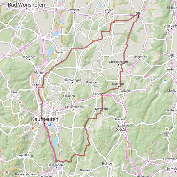 Map miniature of "Schwaben Gravel Route 3" cycling inspiration in Schwaben, Germany. Generated by Tarmacs.app cycling route planner