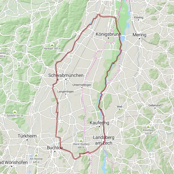 Map miniature of "Scenic Gravel Route near Waal" cycling inspiration in Schwaben, Germany. Generated by Tarmacs.app cycling route planner