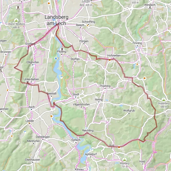 Map miniature of "Waal Gravel Adventure" cycling inspiration in Schwaben, Germany. Generated by Tarmacs.app cycling route planner