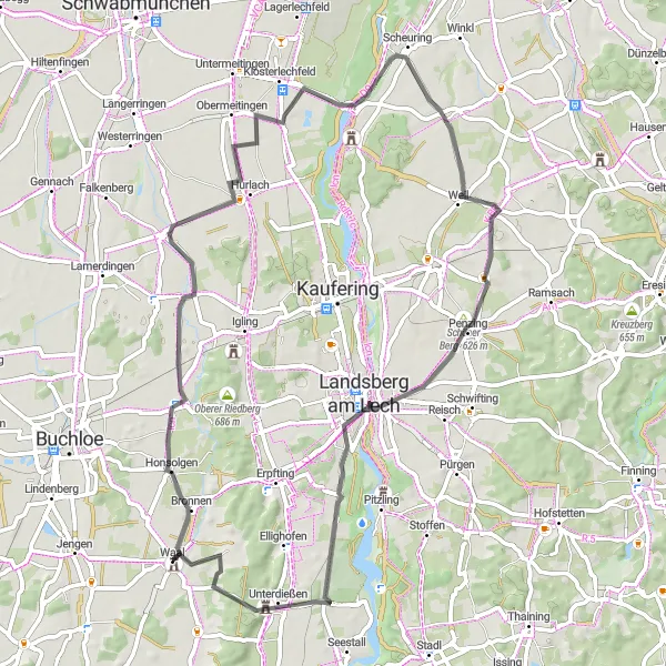 Map miniature of "Waal Road Cycling Route" cycling inspiration in Schwaben, Germany. Generated by Tarmacs.app cycling route planner