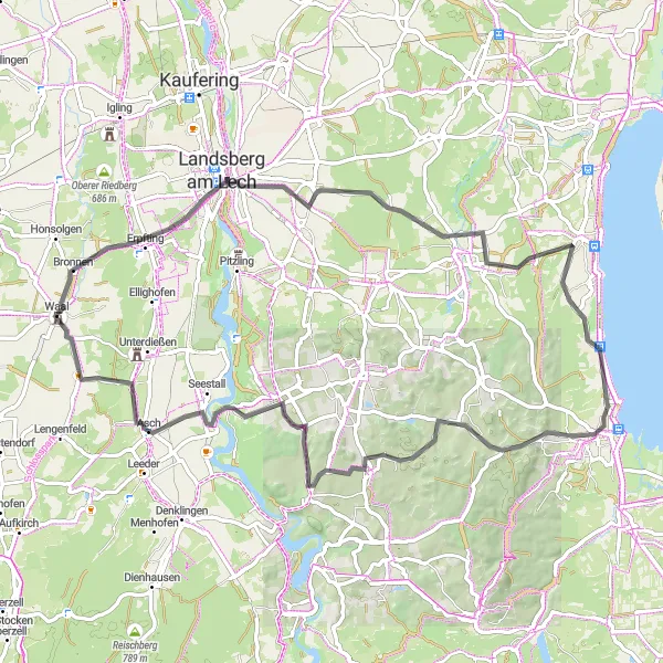 Map miniature of "Waal Road Challenge" cycling inspiration in Schwaben, Germany. Generated by Tarmacs.app cycling route planner