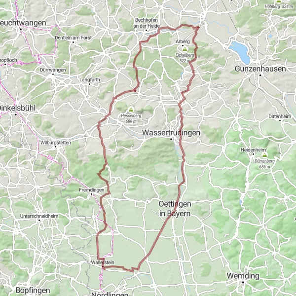 Map miniature of "The Wallerstein Adventure" cycling inspiration in Schwaben, Germany. Generated by Tarmacs.app cycling route planner