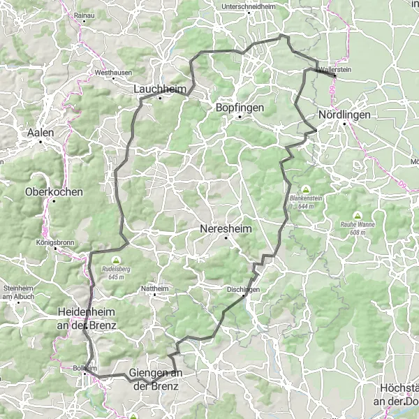 Map miniature of "The Goldberg Challenge" cycling inspiration in Schwaben, Germany. Generated by Tarmacs.app cycling route planner