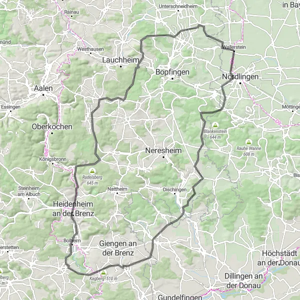 Map miniature of "Wallerstein and Surrounding Castles" cycling inspiration in Schwaben, Germany. Generated by Tarmacs.app cycling route planner