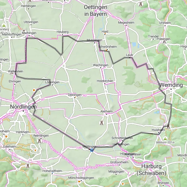 Map miniature of "Discovering Wallerstein" cycling inspiration in Schwaben, Germany. Generated by Tarmacs.app cycling route planner