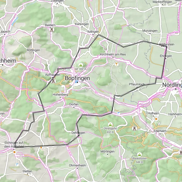 Map miniature of "Exploring Historic Schwaben" cycling inspiration in Schwaben, Germany. Generated by Tarmacs.app cycling route planner