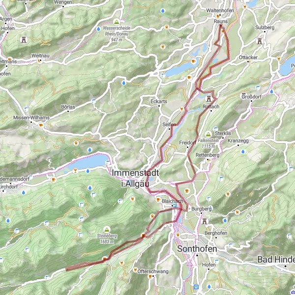 Karten-Miniaturansicht der Radinspiration "Genussvolle Gravel-Tour im Allgäu" in Schwaben, Germany. Erstellt vom Tarmacs.app-Routenplaner für Radtouren