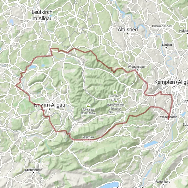 Karten-Miniaturansicht der Radinspiration "Abenteuerliche Gravel-Tour durchs Allgäu" in Schwaben, Germany. Erstellt vom Tarmacs.app-Routenplaner für Radtouren