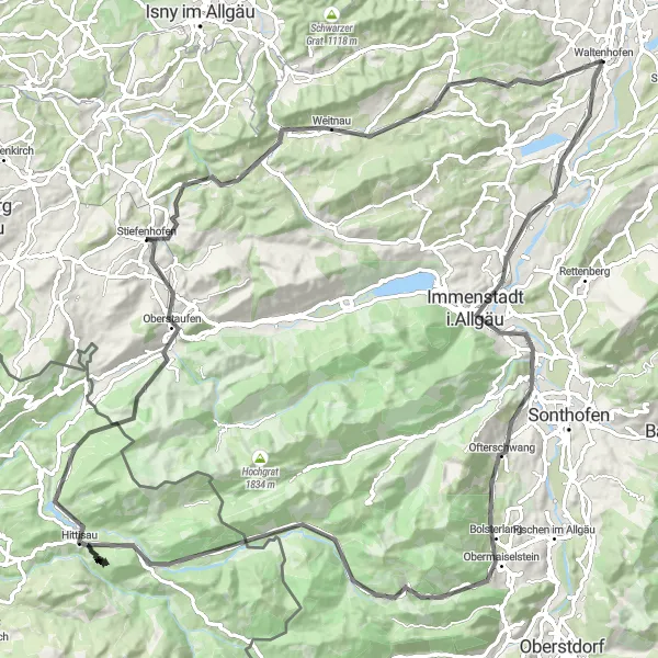 Karten-Miniaturansicht der Radinspiration "Alpiner Panoramablick im Allgäu" in Schwaben, Germany. Erstellt vom Tarmacs.app-Routenplaner für Radtouren