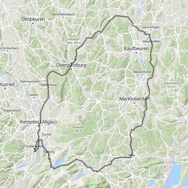 Karten-Miniaturansicht der Radinspiration "Panoramatische Rundtour um Waltenhofen" in Schwaben, Germany. Erstellt vom Tarmacs.app-Routenplaner für Radtouren