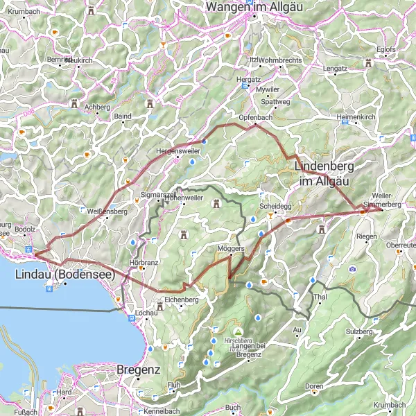 Karten-Miniaturansicht der Radinspiration "Gravel-Tour Scheidegg - Alemannenschanze Turm" in Schwaben, Germany. Erstellt vom Tarmacs.app-Routenplaner für Radtouren
