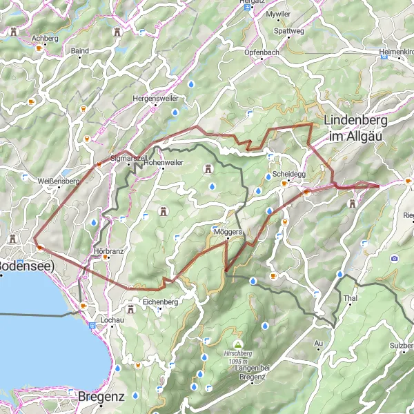 Karten-Miniaturansicht der Radinspiration "Gravel-Route Scheidegg - Böserscheidegg" in Schwaben, Germany. Erstellt vom Tarmacs.app-Routenplaner für Radtouren