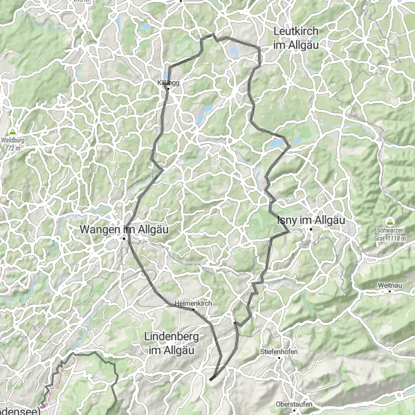 Karten-Miniaturansicht der Radinspiration "Tour rund um Wangen im Allgäu" in Schwaben, Germany. Erstellt vom Tarmacs.app-Routenplaner für Radtouren