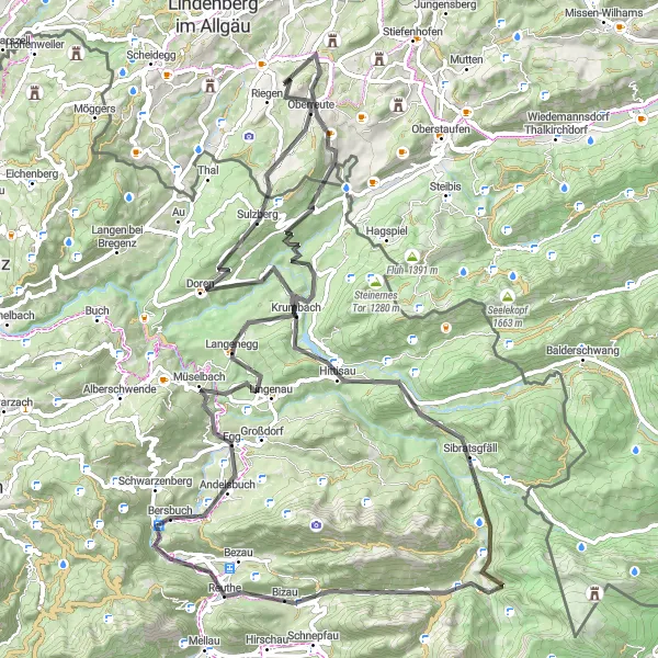 Karten-Miniaturansicht der Radinspiration "Weiler-Simmerberg Rundfahrradroute" in Schwaben, Germany. Erstellt vom Tarmacs.app-Routenplaner für Radtouren