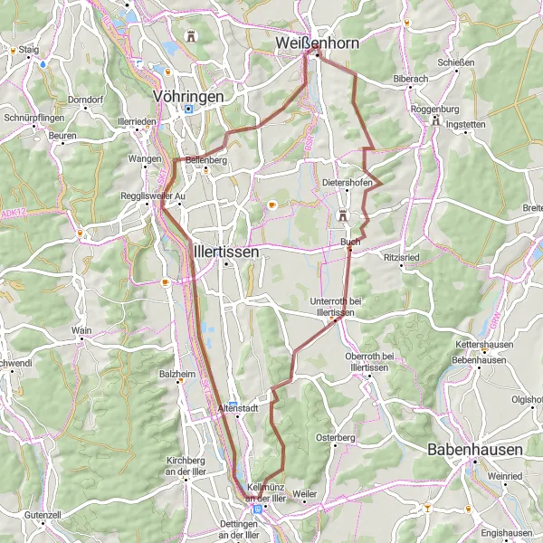 Map miniature of "Weißenhorn Gravel Adventure" cycling inspiration in Schwaben, Germany. Generated by Tarmacs.app cycling route planner