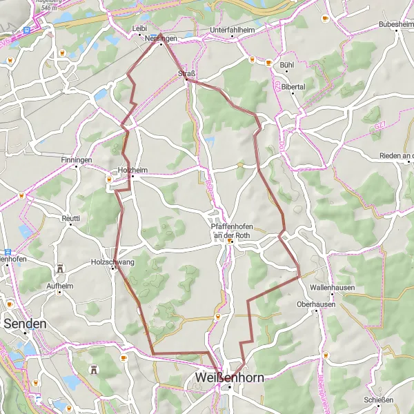 Map miniature of "Weißenhorn - Schloßberg - Buchberg - Nersingen - Silheim - Niederhausen" cycling inspiration in Schwaben, Germany. Generated by Tarmacs.app cycling route planner