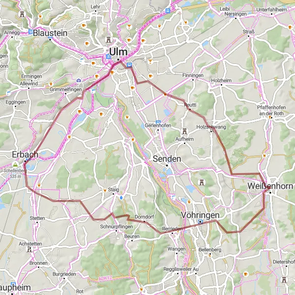 Karten-Miniaturansicht der Radinspiration "Vöhringen-Umrundung" in Schwaben, Germany. Erstellt vom Tarmacs.app-Routenplaner für Radtouren