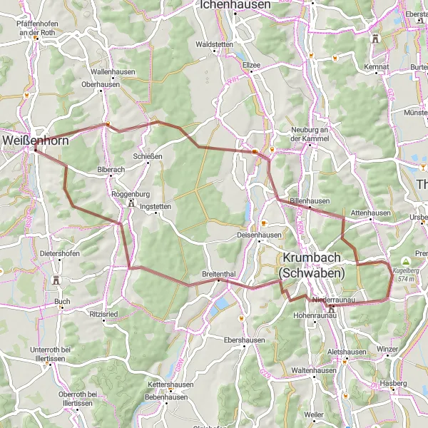 Map miniature of "The Gravel Adventure" cycling inspiration in Schwaben, Germany. Generated by Tarmacs.app cycling route planner