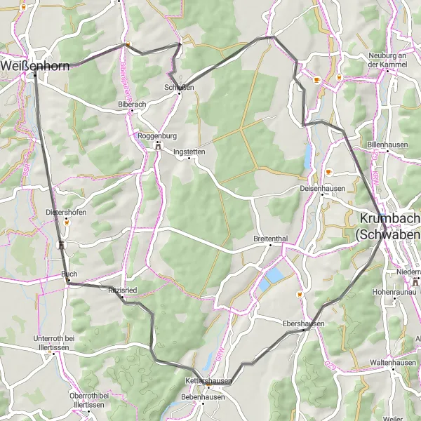 Map miniature of "Günztal Panorama Route" cycling inspiration in Schwaben, Germany. Generated by Tarmacs.app cycling route planner