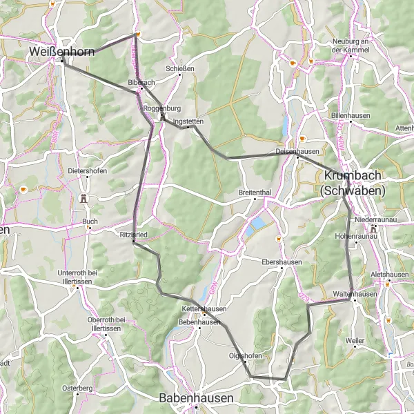 Map miniature of "Roggenburg Loop" cycling inspiration in Schwaben, Germany. Generated by Tarmacs.app cycling route planner