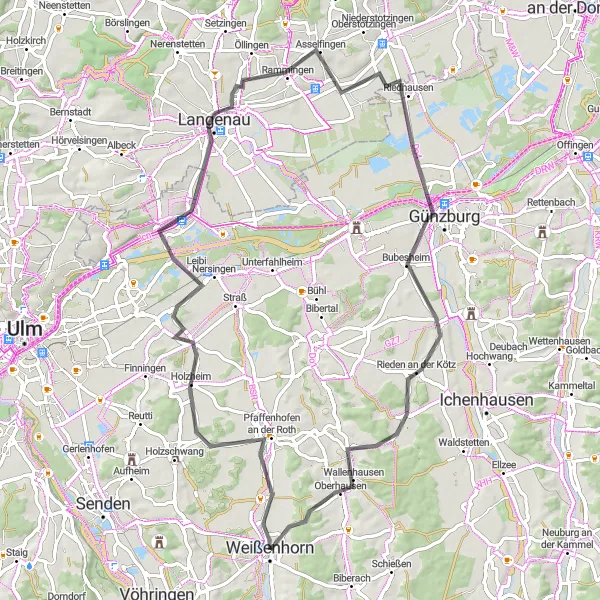 Map miniature of "Weißenhorn Loop" cycling inspiration in Schwaben, Germany. Generated by Tarmacs.app cycling route planner