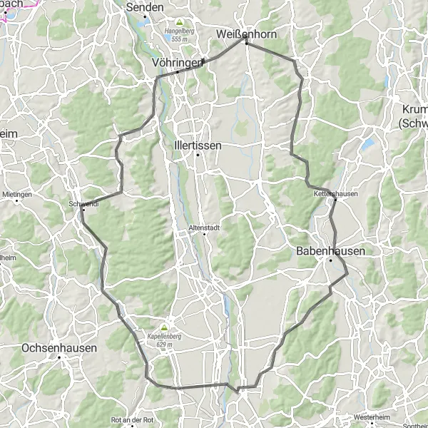 Map miniature of "The Rugged Road Trip" cycling inspiration in Schwaben, Germany. Generated by Tarmacs.app cycling route planner