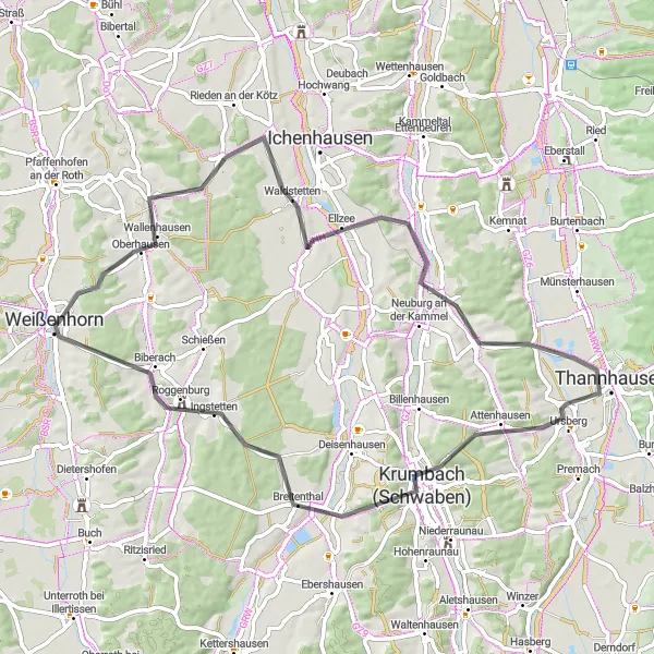 Map miniature of "The Countryside Escape" cycling inspiration in Schwaben, Germany. Generated by Tarmacs.app cycling route planner