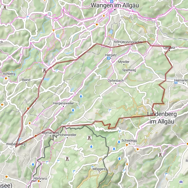 Map miniature of "Hergatz Gravel Adventure" cycling inspiration in Schwaben, Germany. Generated by Tarmacs.app cycling route planner