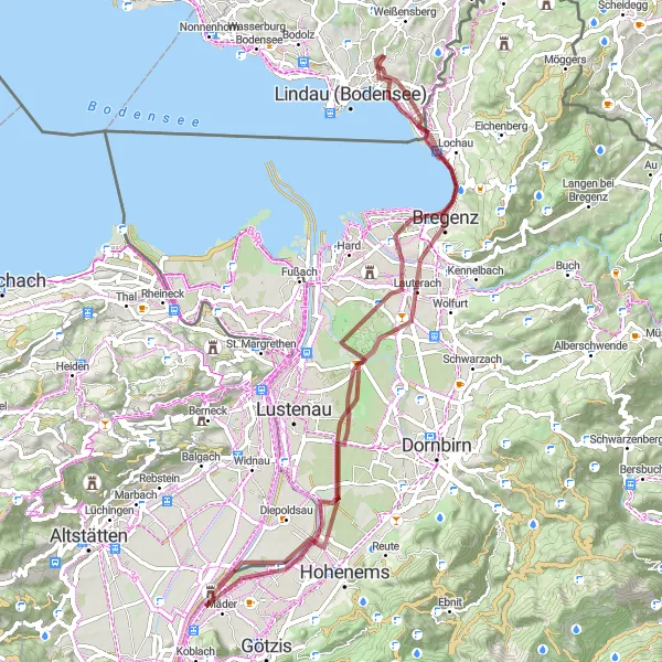 Map miniature of "Mäder Gravel Exploration" cycling inspiration in Schwaben, Germany. Generated by Tarmacs.app cycling route planner