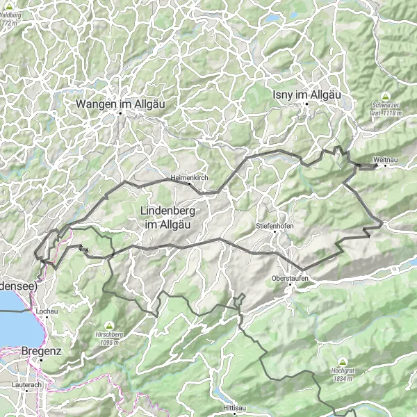 Karten-Miniaturansicht der Radinspiration "Bodensee Hügelland Tour" in Schwaben, Germany. Erstellt vom Tarmacs.app-Routenplaner für Radtouren