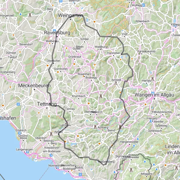 Karten-Miniaturansicht der Radinspiration "Tettnanger Hügeltour" in Schwaben, Germany. Erstellt vom Tarmacs.app-Routenplaner für Radtouren