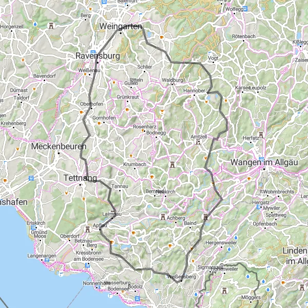 Map miniature of "Tettnang Discovery" cycling inspiration in Schwaben, Germany. Generated by Tarmacs.app cycling route planner