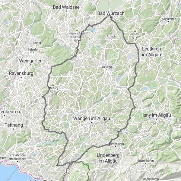 Map miniature of "Wolfegg Loop" cycling inspiration in Schwaben, Germany. Generated by Tarmacs.app cycling route planner