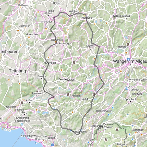 Karten-Miniaturansicht der Radinspiration "Panorama-Radtour um den Bodensee" in Schwaben, Germany. Erstellt vom Tarmacs.app-Routenplaner für Radtouren