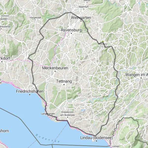 Map miniature of "Lake Constance Scenic Ride" cycling inspiration in Schwaben, Germany. Generated by Tarmacs.app cycling route planner