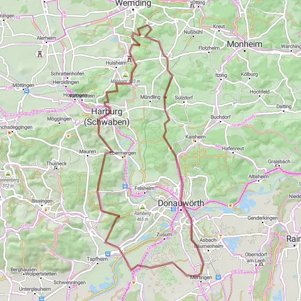 Karten-Miniaturansicht der Radinspiration "Donauwörth und Harburg Rundweg" in Schwaben, Germany. Erstellt vom Tarmacs.app-Routenplaner für Radtouren