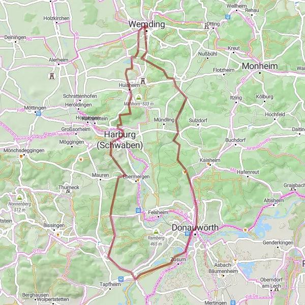 Map miniature of "Tranquil Gravel Escape" cycling inspiration in Schwaben, Germany. Generated by Tarmacs.app cycling route planner