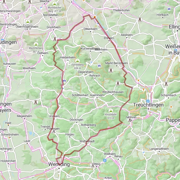 Map miniature of "Wemding - Platte - Polsingen - Heidenheimer Buck - Ehlheim - Dornmühle - Moselstein - Wolferstadt - Schöne Aussicht - Wemding" cycling inspiration in Schwaben, Germany. Generated by Tarmacs.app cycling route planner