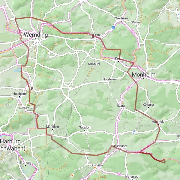 Map miniature of "Wemding – Platte - Otting - Kölburg - Kaisheim - Geiselberg - Schloss Gosheim - Wemding" cycling inspiration in Schwaben, Germany. Generated by Tarmacs.app cycling route planner
