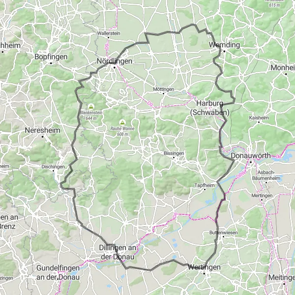 Map miniature of "Wemding - Geiselberg - Ramberg - Donaumünster - Kobel - Binswangen - Dillingen - Ziertheim - Kösingen - Ohrengipfel - Daniel - Nördlingen - Wechingen - Wemding" cycling inspiration in Schwaben, Germany. Generated by Tarmacs.app cycling route planner