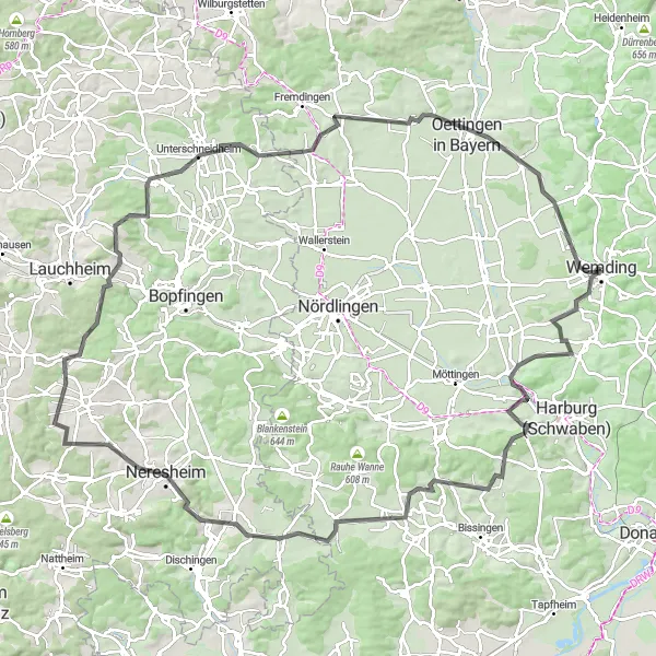 Map miniature of "Wemding - Platte - Huisheim - Großsorheim - Karlsberg - Amerdingen - Neresheim - Beuren - Geislingen - Buschelberg - Megesheim - Dobelbuck - Wemding" cycling inspiration in Schwaben, Germany. Generated by Tarmacs.app cycling route planner
