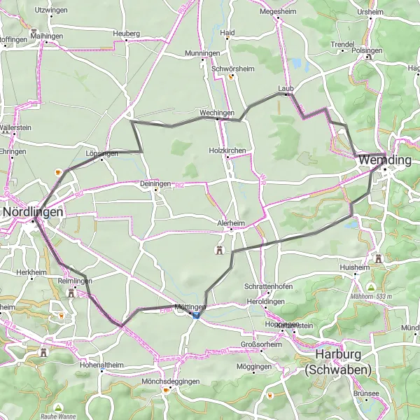 Map miniature of "Wemding - Schlossberg - Möttingen - Reimlingen - Daniel - Wechingen - Platte - Wemding" cycling inspiration in Schwaben, Germany. Generated by Tarmacs.app cycling route planner