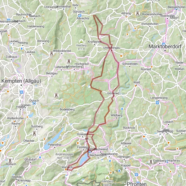 Map miniature of "Mountain Adventure in Wertach and Surroundings" cycling inspiration in Schwaben, Germany. Generated by Tarmacs.app cycling route planner