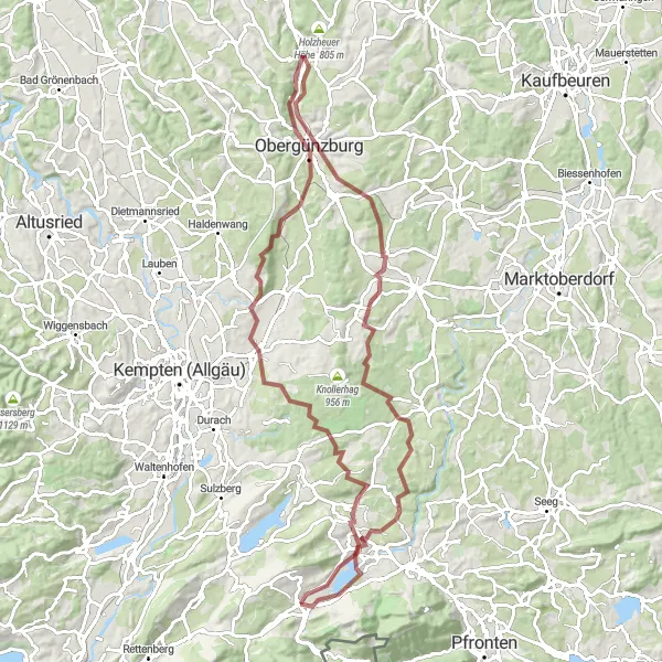 Map miniature of "Serene Paths and Hidden Gems in Upper Schwaben" cycling inspiration in Schwaben, Germany. Generated by Tarmacs.app cycling route planner
