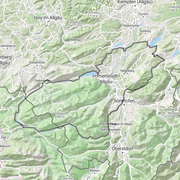 Map miniature of "Wertach Round-Trip Cycling Route" cycling inspiration in Schwaben, Germany. Generated by Tarmacs.app cycling route planner