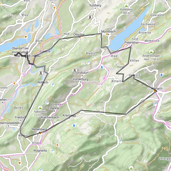 Map miniature of "Wertach Round Cycling Route" cycling inspiration in Schwaben, Germany. Generated by Tarmacs.app cycling route planner