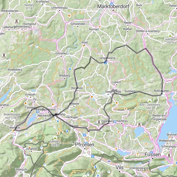 Map miniature of "Alpenpanorama Road Cycling Route" cycling inspiration in Schwaben, Germany. Generated by Tarmacs.app cycling route planner