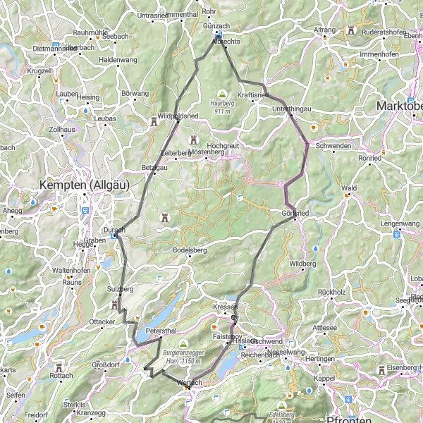 Map miniature of "Scenic Schwaben" cycling inspiration in Schwaben, Germany. Generated by Tarmacs.app cycling route planner