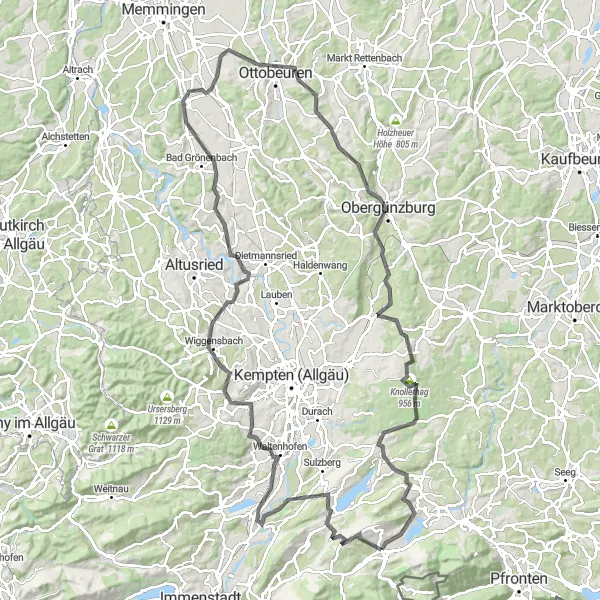 Map miniature of "Grand Tour of Allgäu: The Ultimate Road Cycling Challenge" cycling inspiration in Schwaben, Germany. Generated by Tarmacs.app cycling route planner