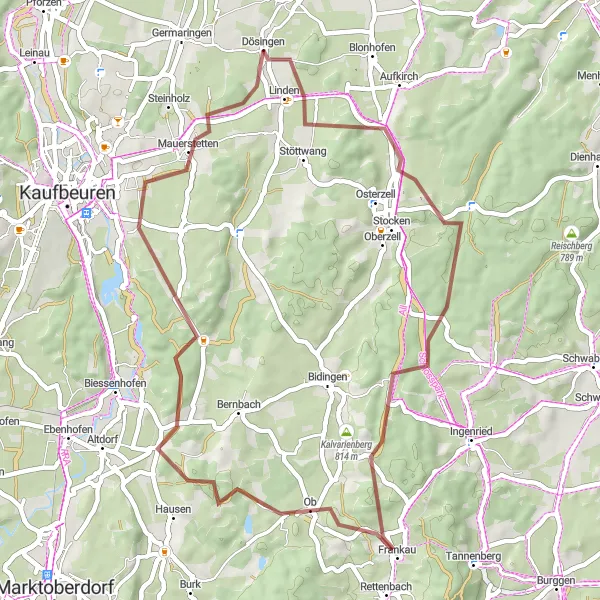 Map miniature of "Gravel Adventure to Königsried" cycling inspiration in Schwaben, Germany. Generated by Tarmacs.app cycling route planner